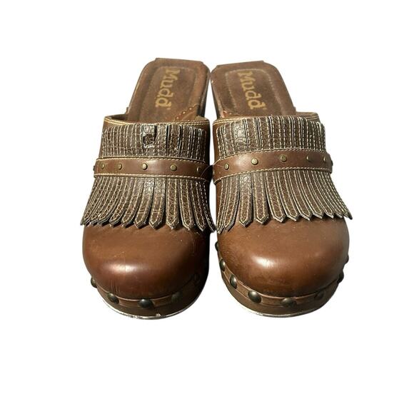 90s Y2K Vintage Mudd Chunky Platform Mule‎ Clogs 7.5 Faux Leather Fringe Studded - Picture 3 of 6